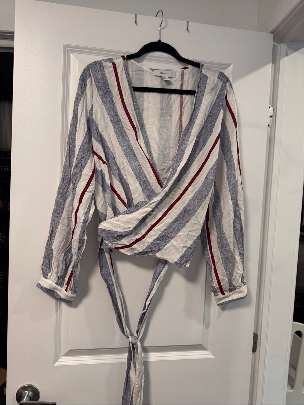 Plus Size Striped Wrap Front Women’s Top in White, Navy & Red